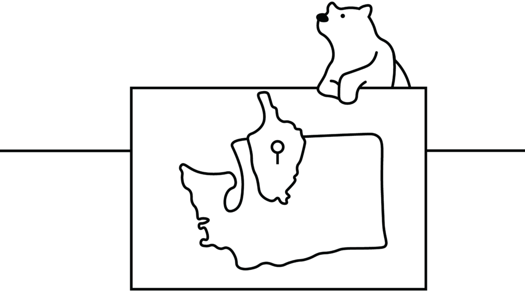 A line illustration of a bear sitting on top of a flat map of the north cascades ecosystem.