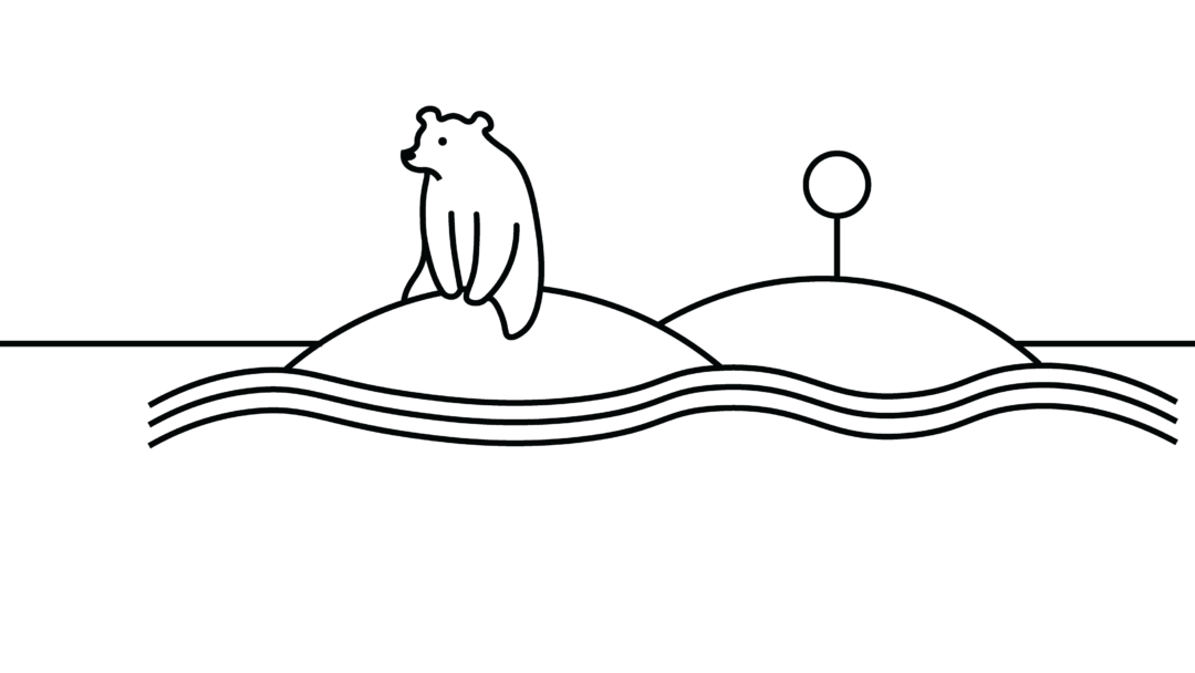 A line illustration of a bear resting near a stream.